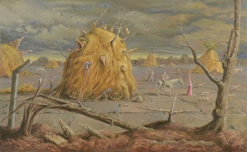 die Heuwagen, 2007, Mischtechnik auf Leinwand, 52 × 83 cm