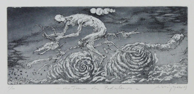 der Traum des Pedaleurs, 2003, Radierung, 8 × 19 cm