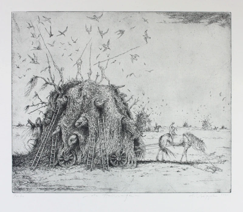 die Heuwagen, 2001, Radierung, 30 × 36,5 cm