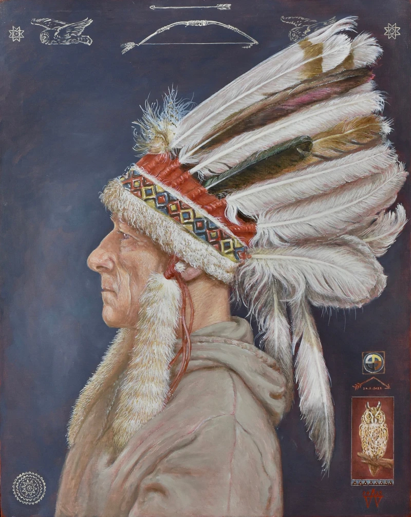 Frank mit Federhaube, 2022, Mischtechnik/Platte, 49 × 39 cm