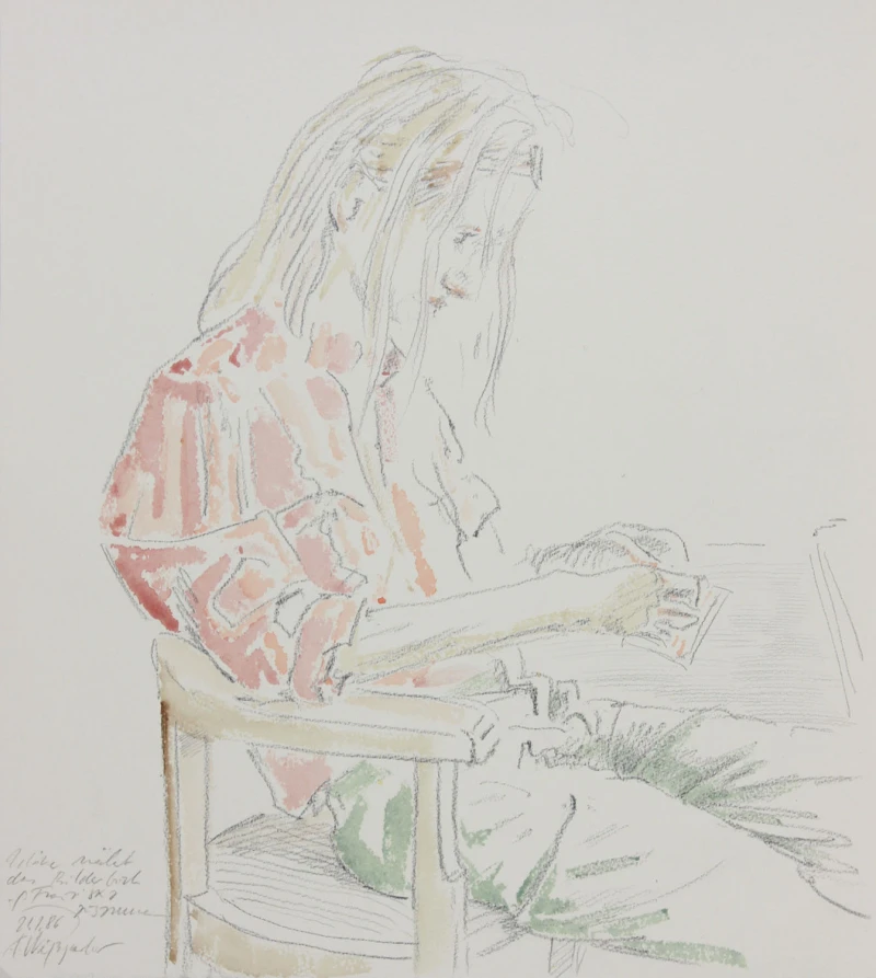 Ulrike, nähend, 1986, Bleistift/Aquarell